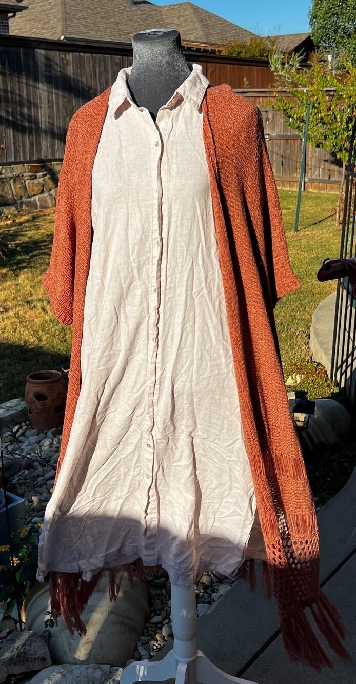Favlux Rust Crochet Duster Cardigan Women L Fringe Boho Kimono Open Knit